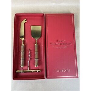 Talbots 3 Pc Cheeseknives and‎ Corkscrew Wintertaining Set New Bamboo Style Gift